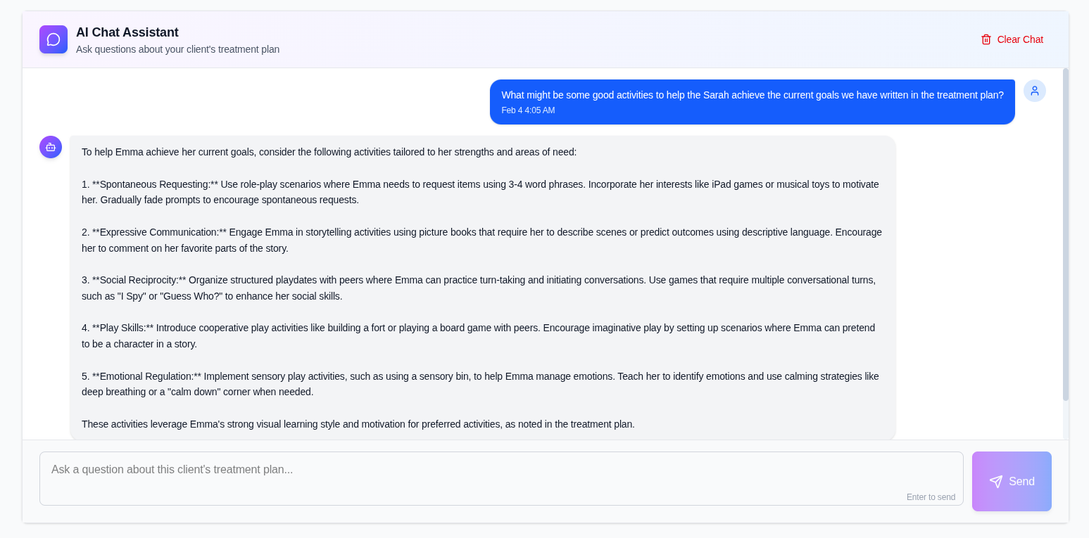 Abasure AI chat interface answering ABA treatment planning questions