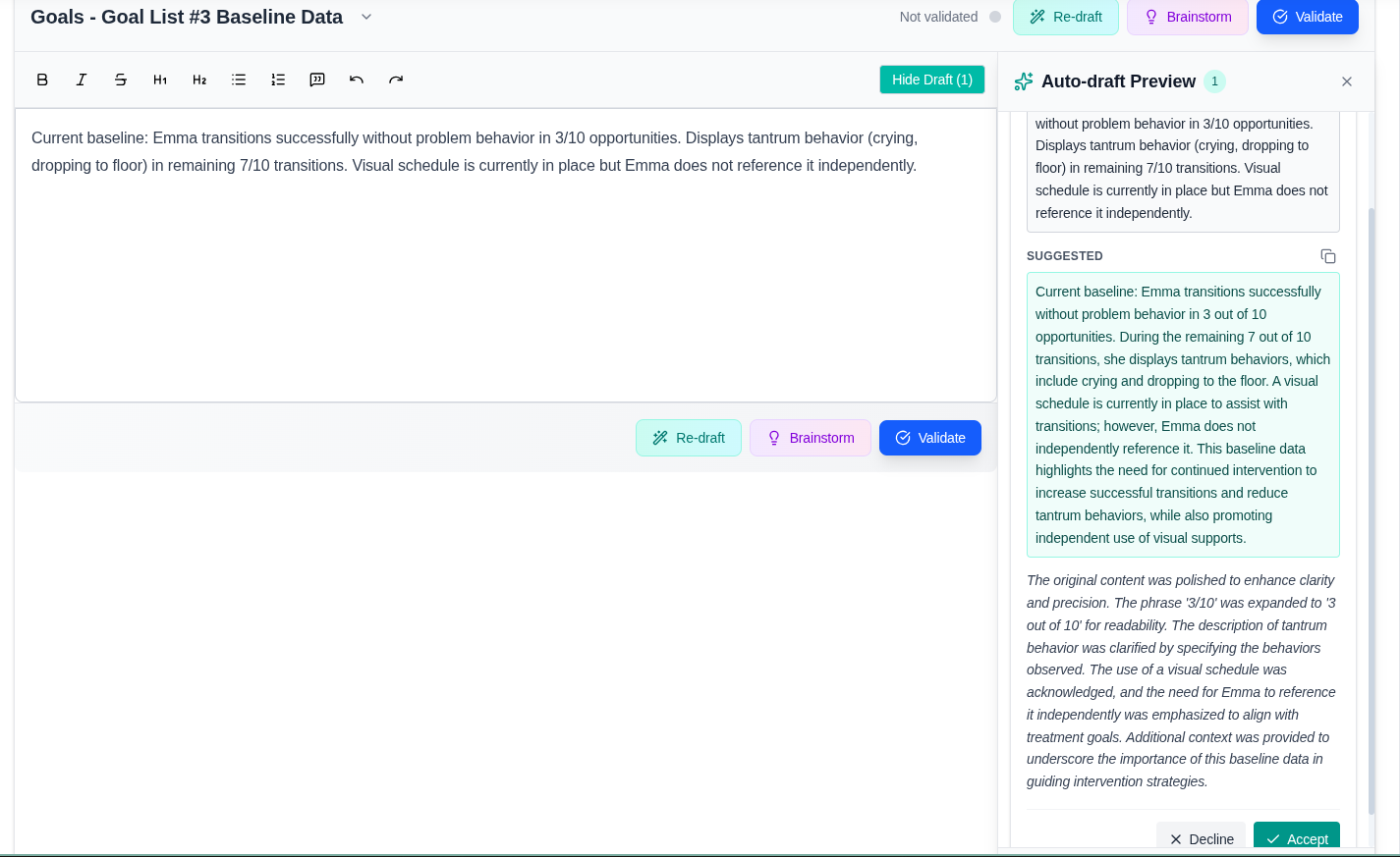 Abasure auto-draft and polish tools for ABA treatment plan sections
