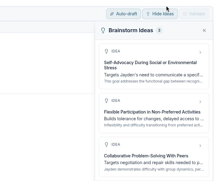 Abasure Brainstorm panel listing client-specific ABA goal ideas beside a treatment plan goal field