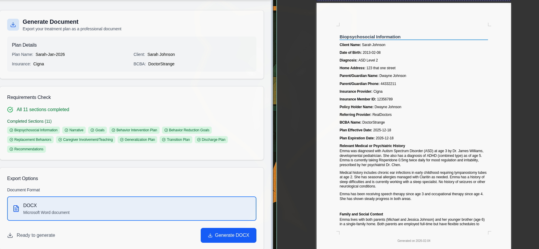 Abasure document export preview for treatment plan submission