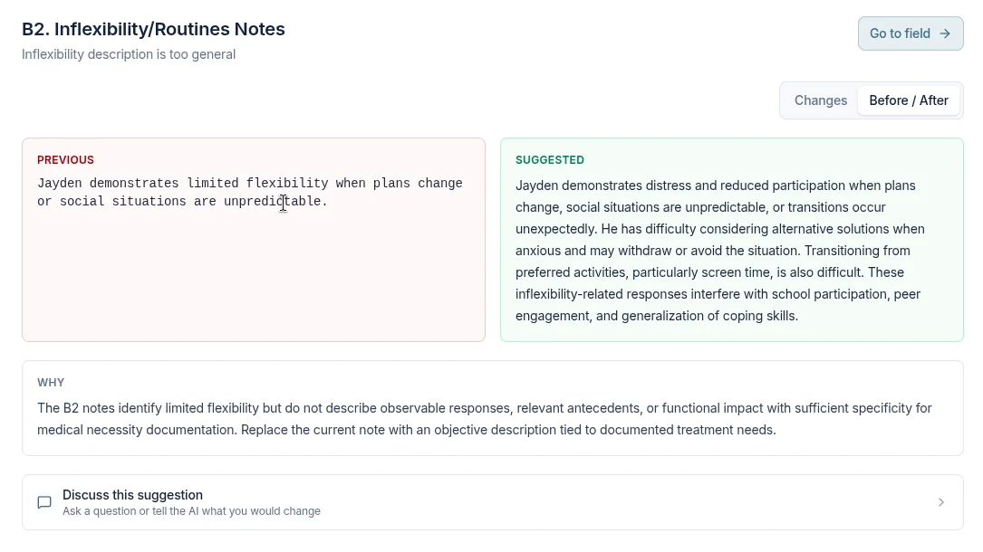 Abasure section review comparing previous and suggested wording with the reason the change is needed