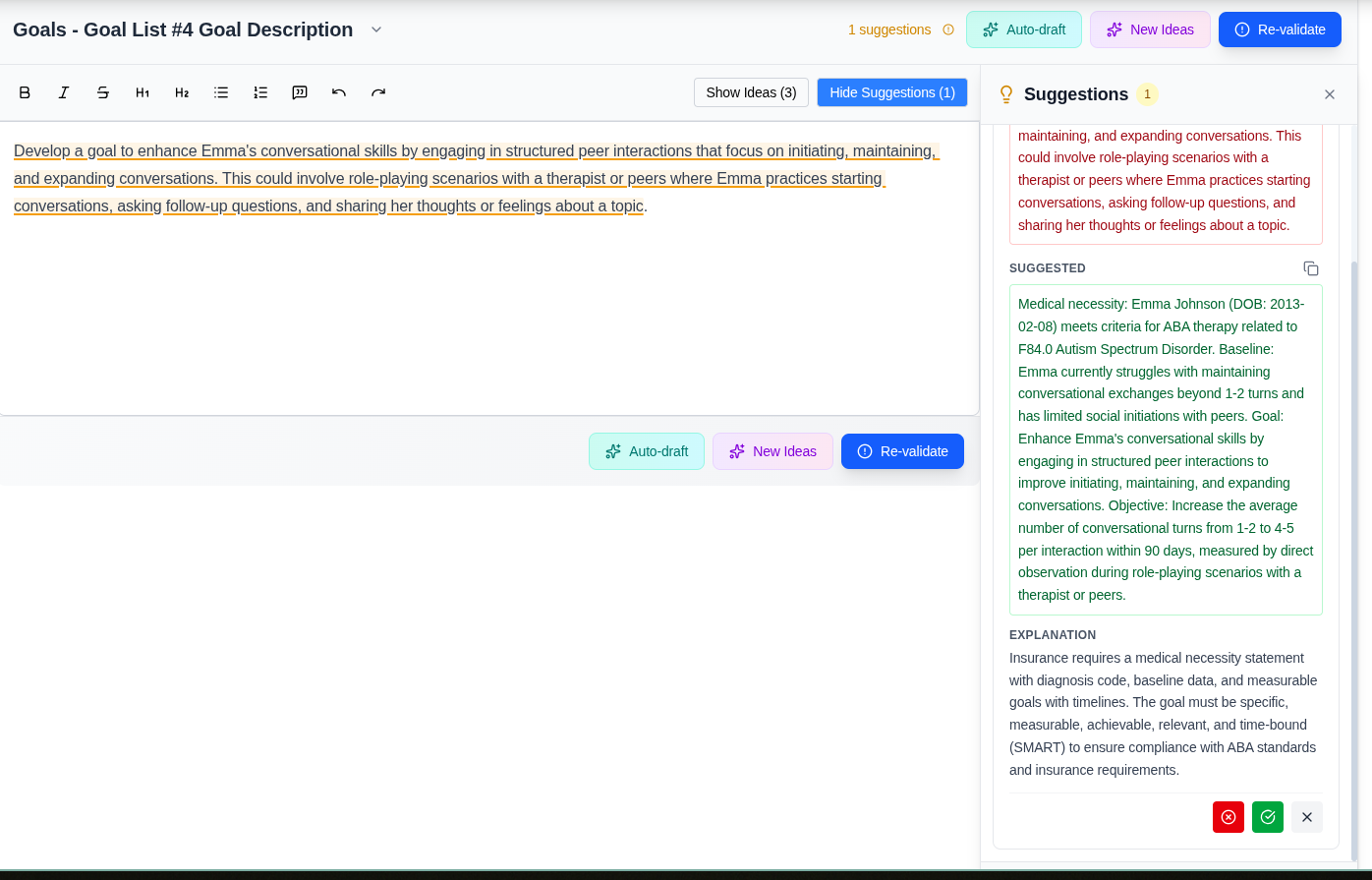 Abasure validation interface checking treatment plan compliance flags